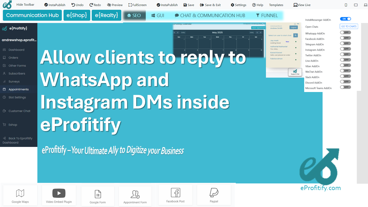 Allow clients to reply to WhatsApp and Instagram DMs inside eProfitify